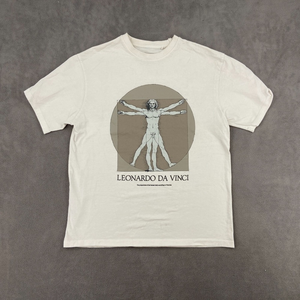 Pull & Bear T Shirt Mens Small Cream Graphic Leonardo Da Vinci Vitruvian Man Art